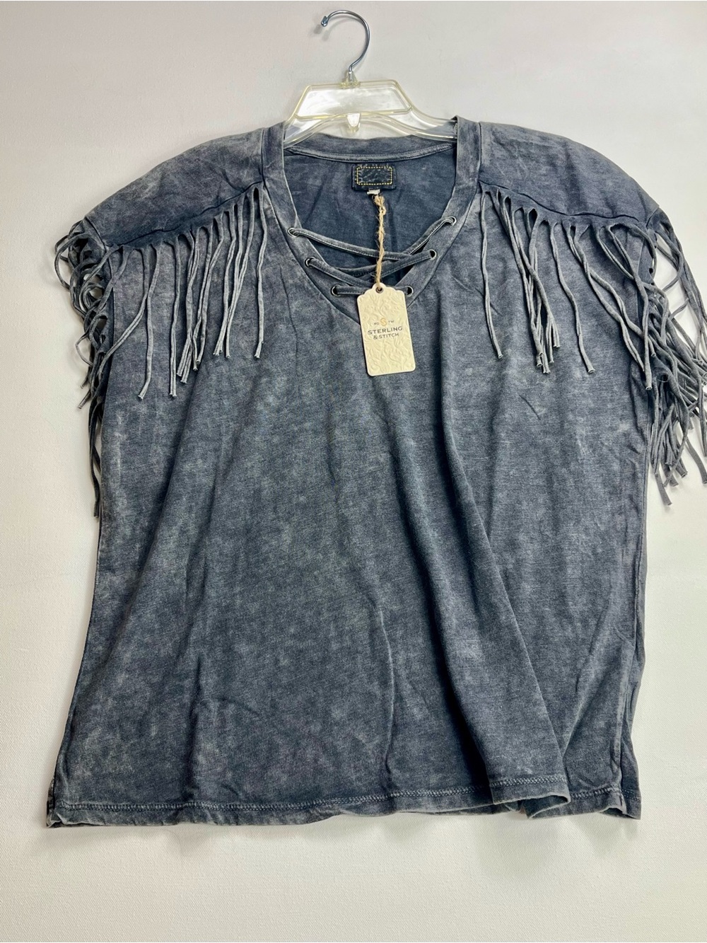 Sterling & Stitch Women’s Gray Fringe Blouse Short Sleeve Lace Up Shirt Size L